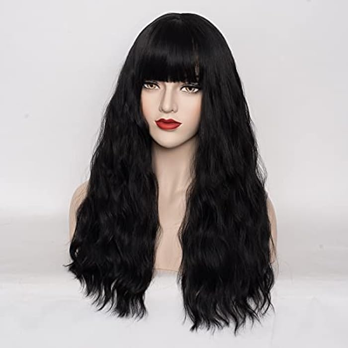 DILLARDS Dwmglp 21 Long With A Bang Black Wavy Wig For Women Girls Curly Heat Resistant Fiber Wigs Halloween Cosplay Daily Party+Cap (Yz-Black) - Image 3